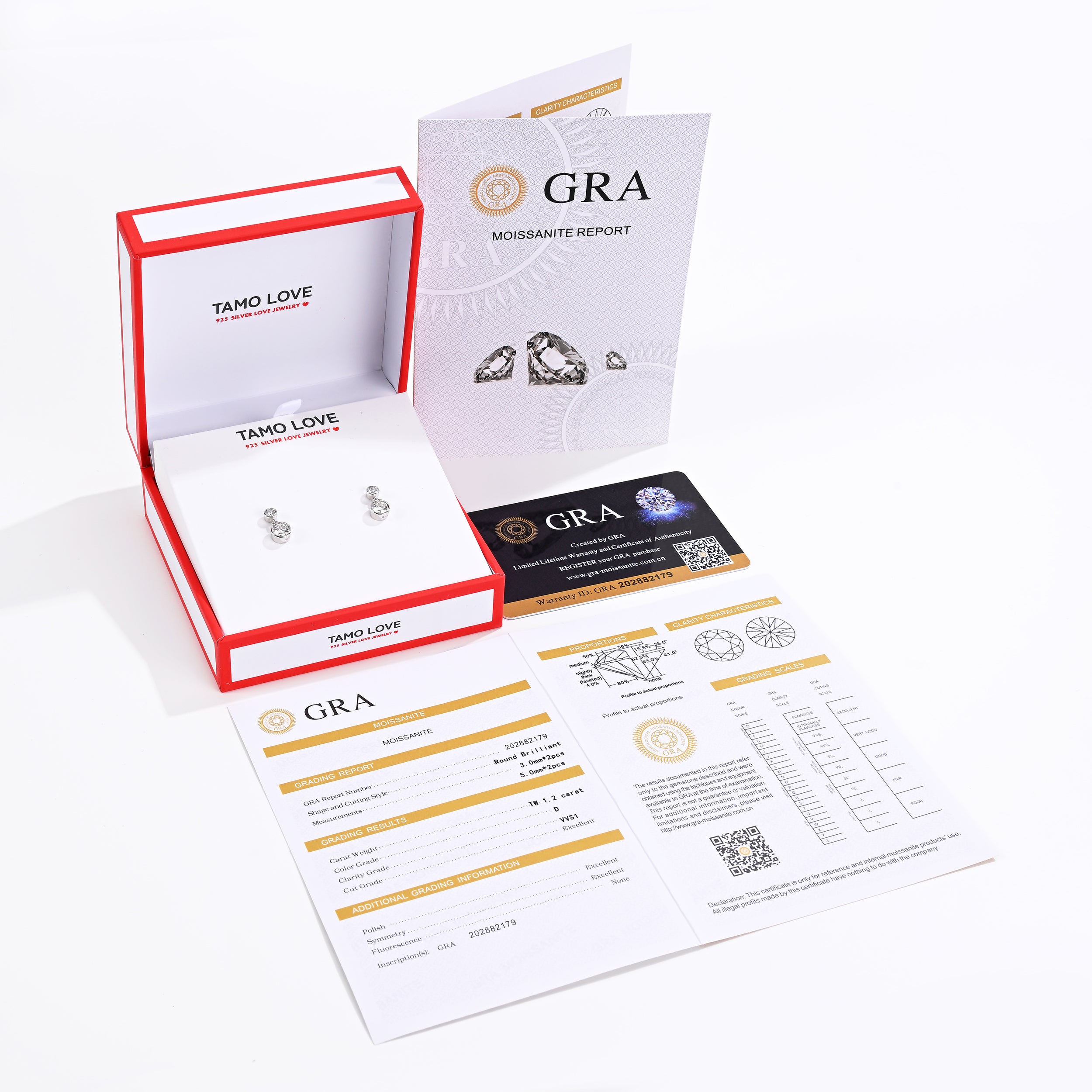 925 Silver Moissanite Earrings Round 1.2 CT. VVS1 D