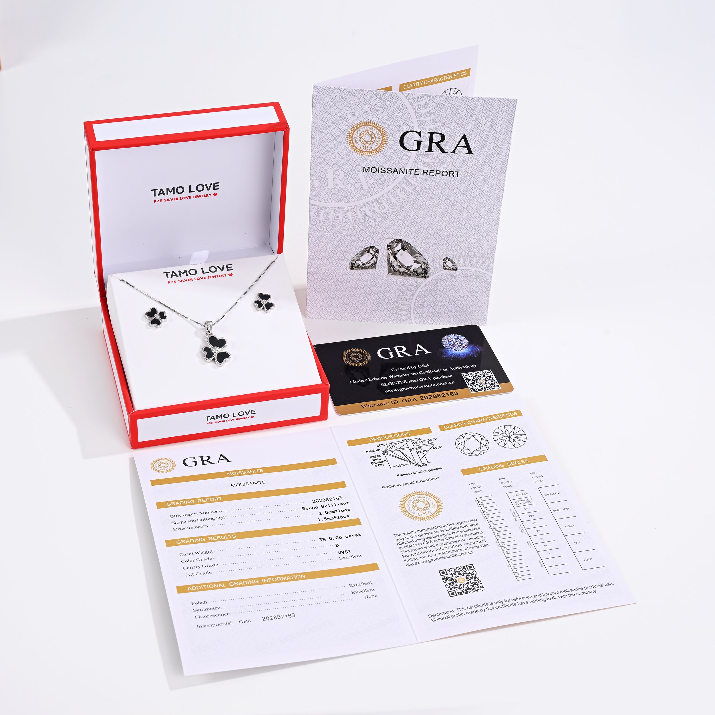 925 Silver Moissanite  MOP Earrings & Necklaces Sets Round 0.08 CT. VVS1 D