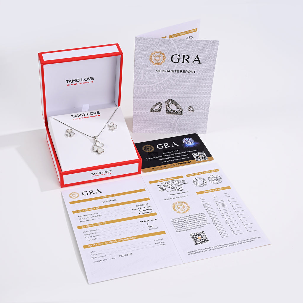 925 Silver Moissanite  MOP Earrings & Necklaces Sets Round 0.08 CT. VVS1 D