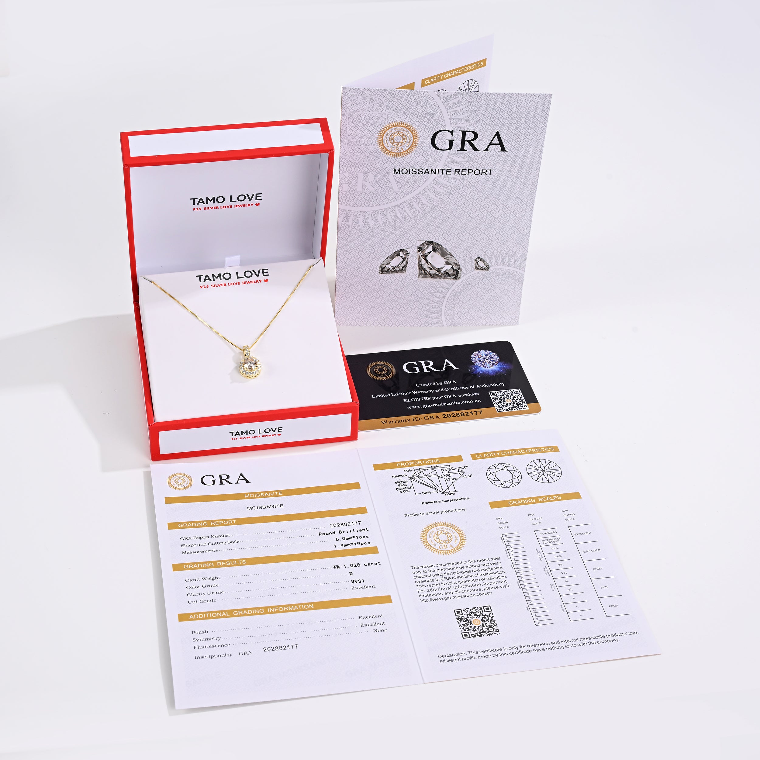 925 Silver Moissanite Necklaces Round 1.028 CT. VVS1 D