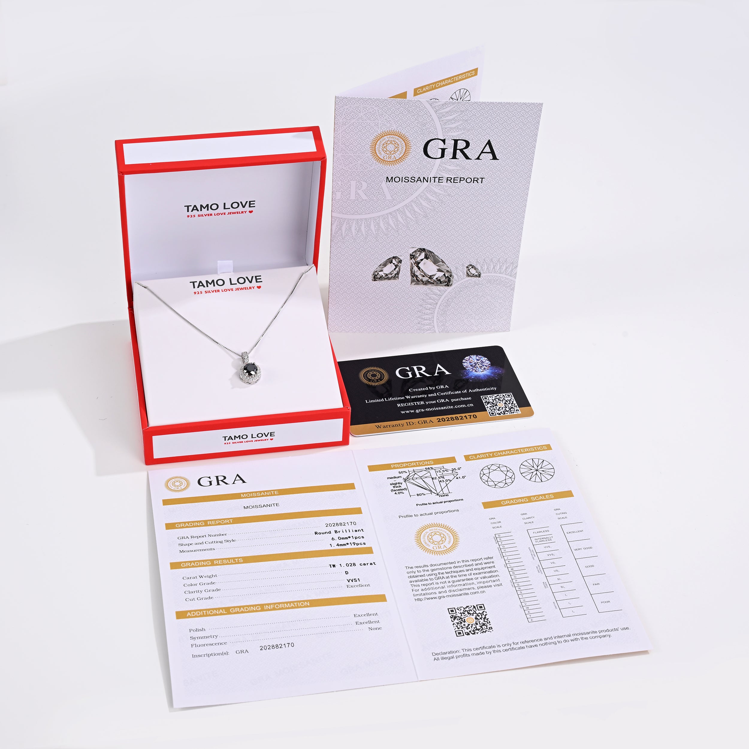 925 Silver Moissanite Necklaces Round 1.028 CT. VVS1 D