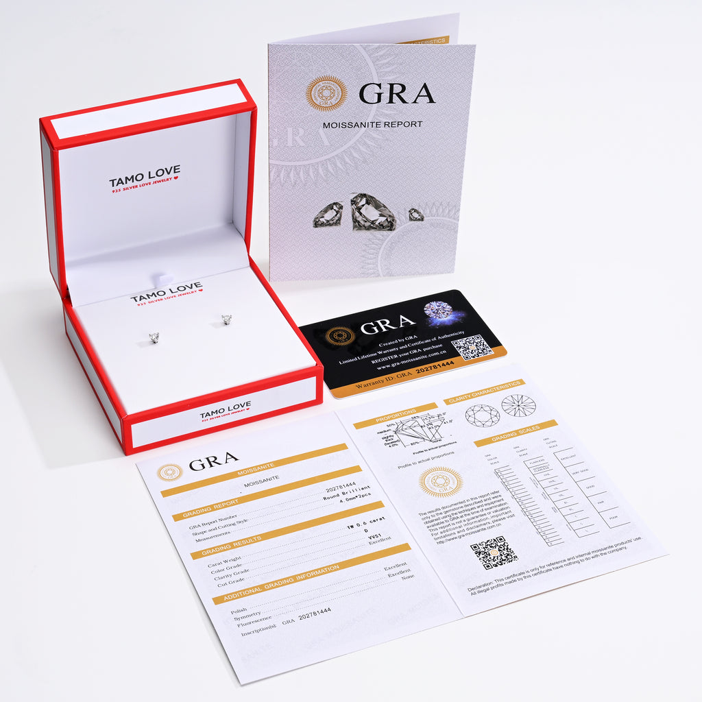 925 Silver Moissanite Earrings Round 4MM D Color VVS1  0.6 CT