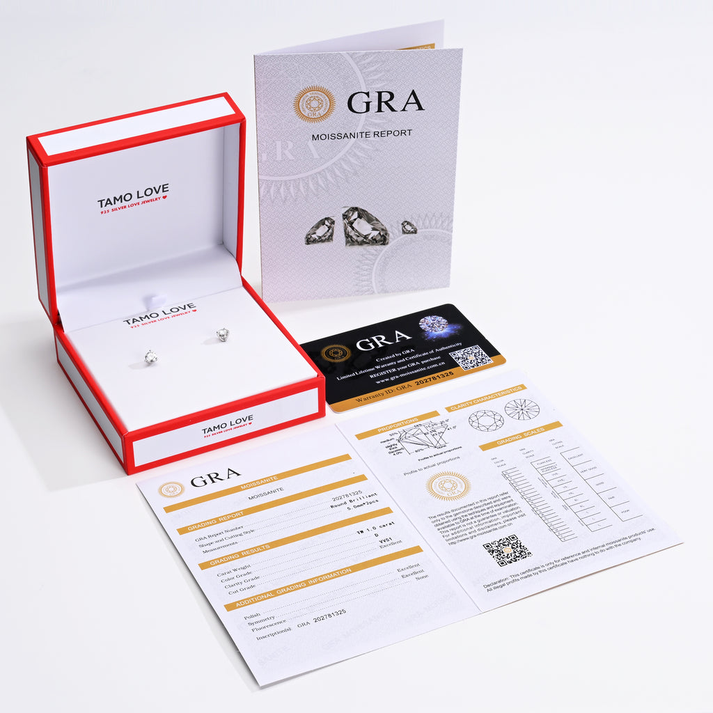 925 Silver Moissanite Earrings Round 5MM D Color VVS1  1.0 CT