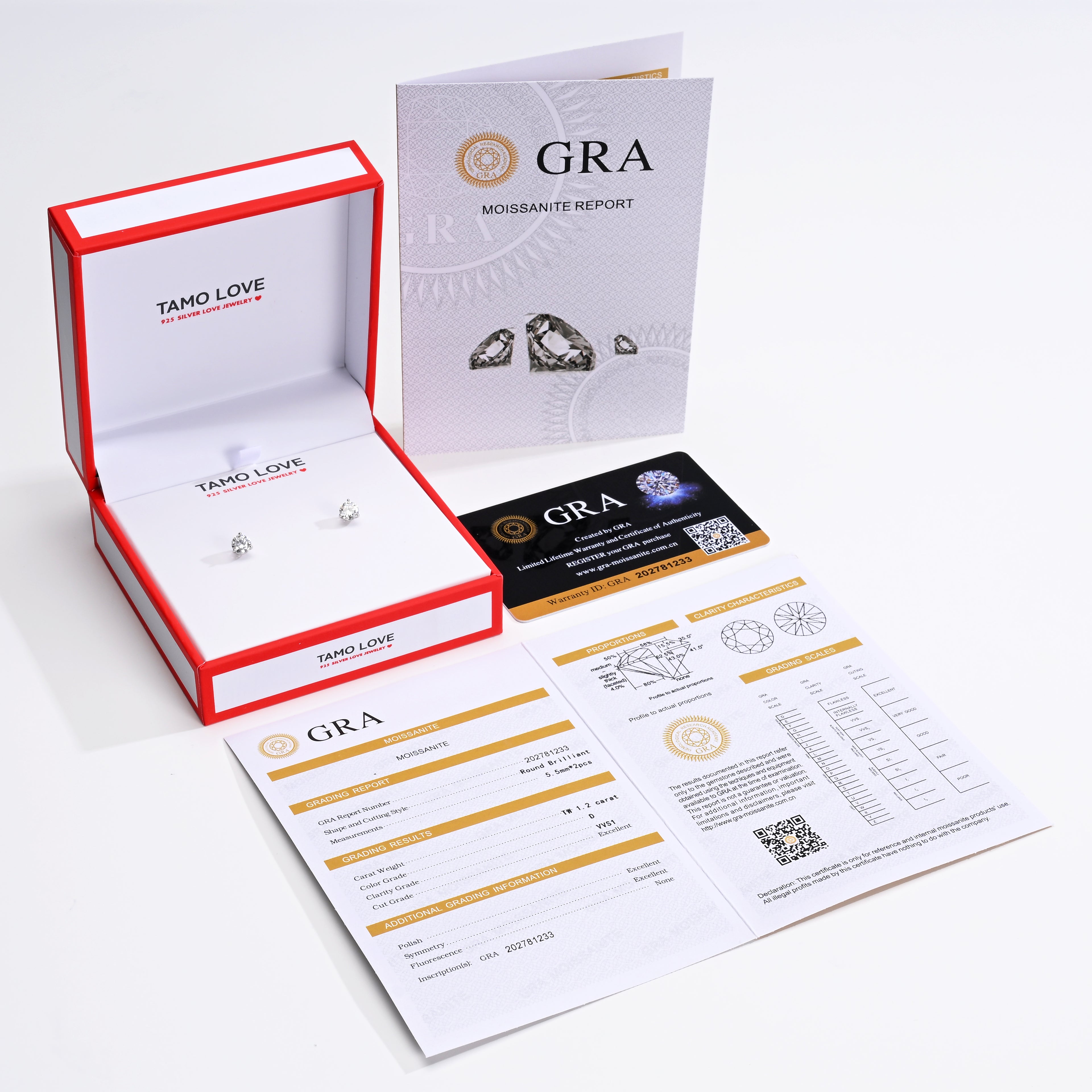 925 Silver Moissanite Earrings Round 5.5 MM D Color VVS1  1.2 CT