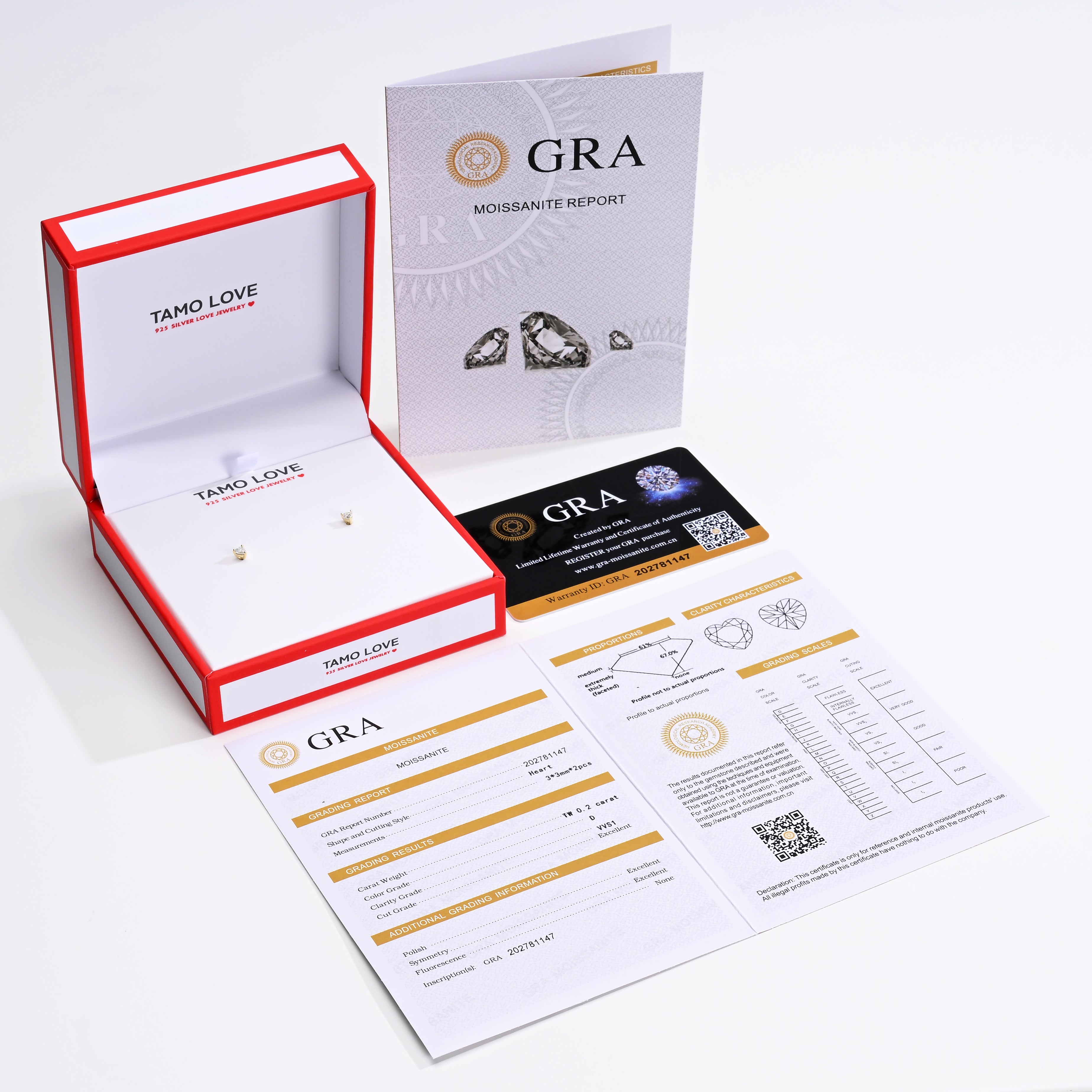 925 Silver Moissanite Earrings Heart 3 MM D Color VVS1  0.2 CT