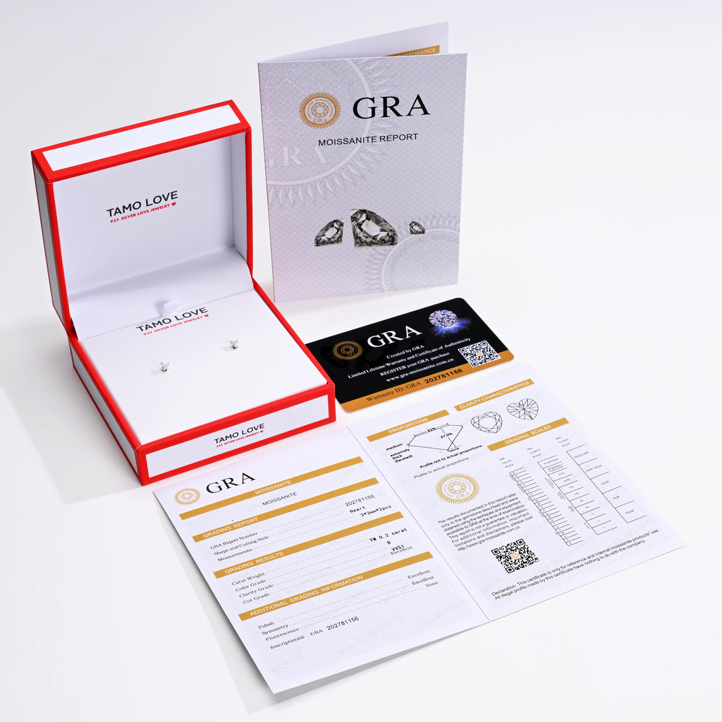 925 Silver Moissanite Earrings Heart 3 MM D Color VVS1  0.2 CT