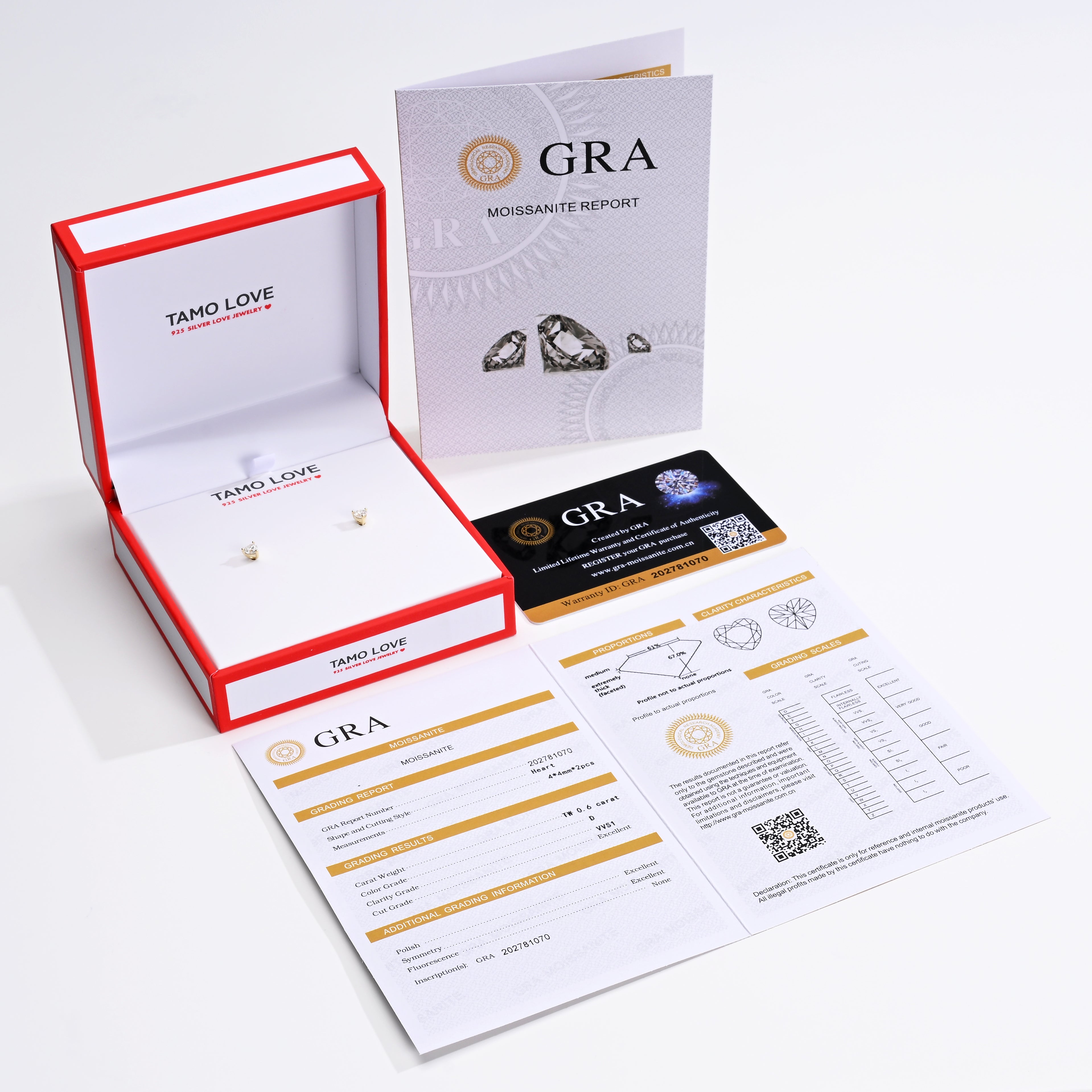 925 Silver Moissanite Earrings Heart 4 MM D Color VVS1  0.6 CT