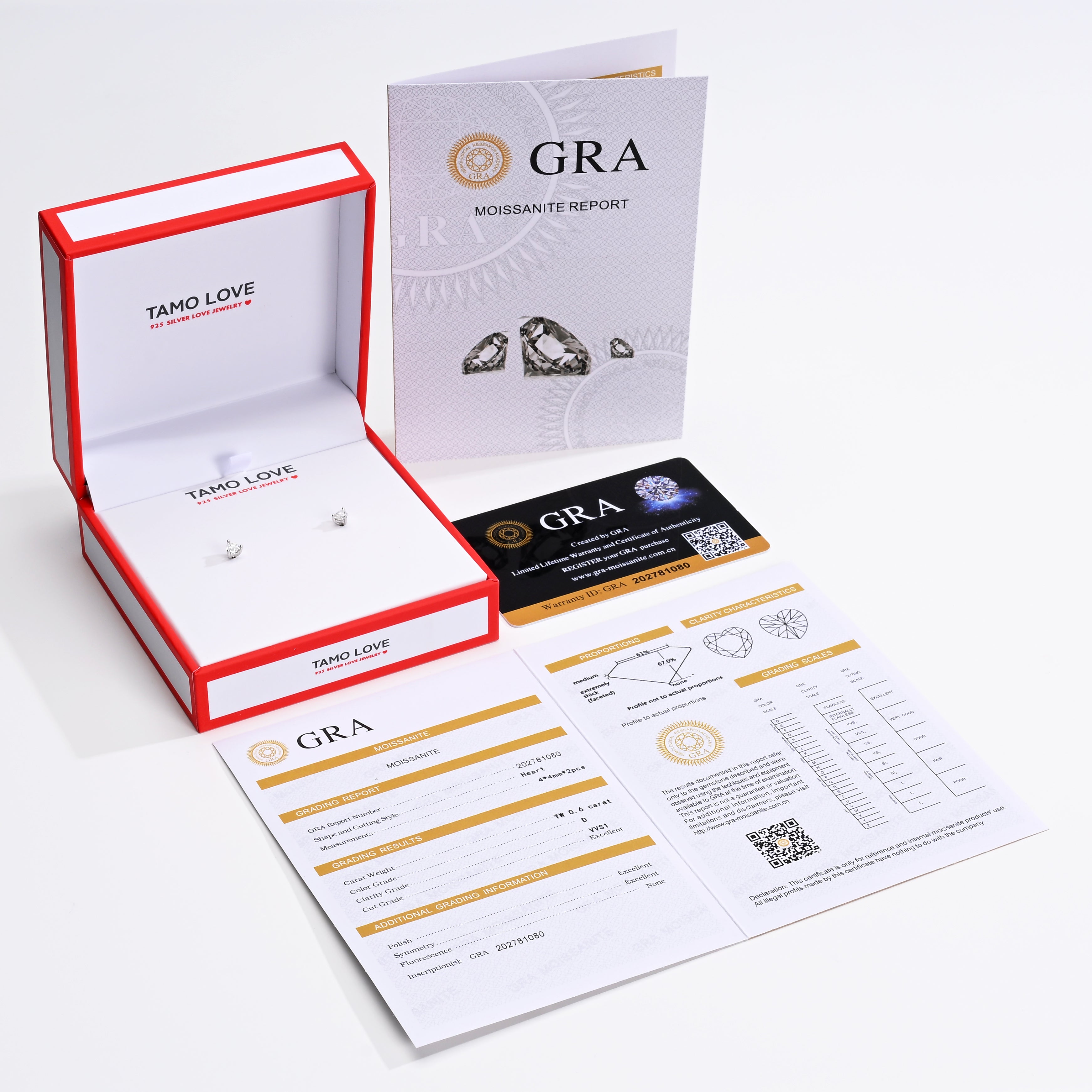 925 Silver Moissanite Earrings Heart 4 MM D Color VVS1  0.6 CT