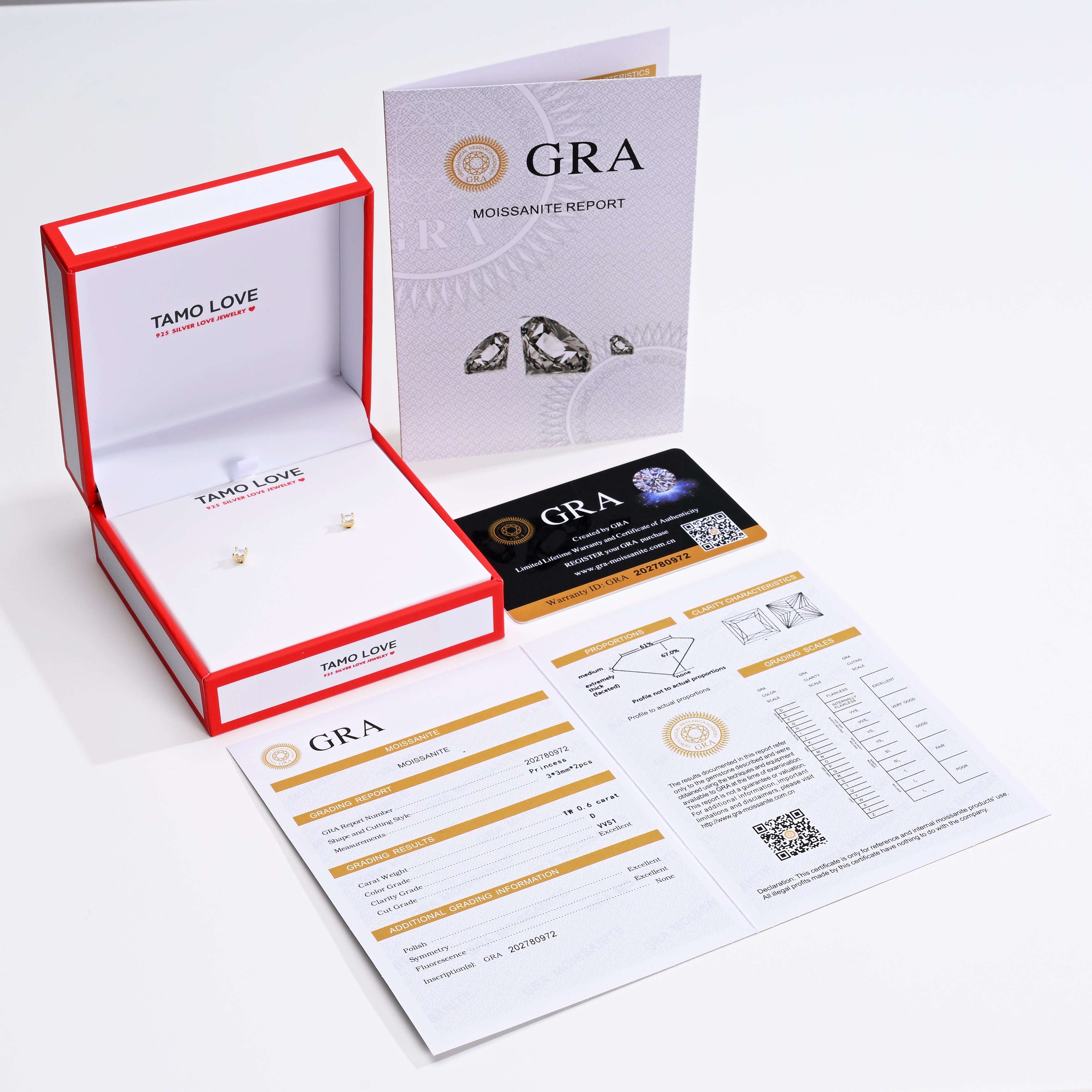 925 Silver Moissanite Earrings Square 3 MM D Color VVS1  0.6 CT