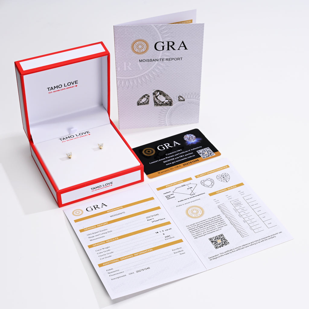 925 Silver Moissanite Earrings Heart 5 MM D Color VVS1  1.0 CT