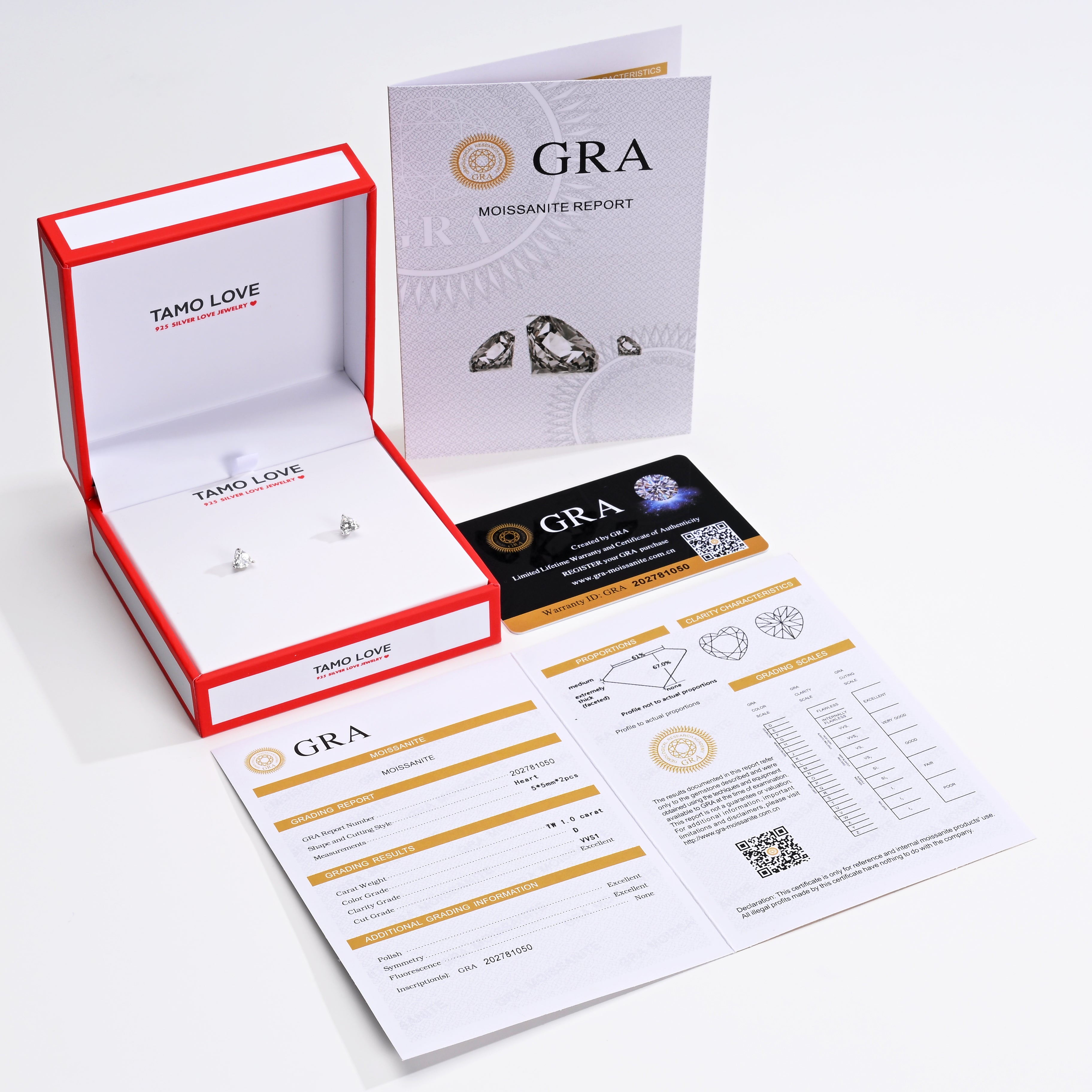 925 Silver Moissanite Earrings Heart 5 MM D Color VVS1  1.0 CT