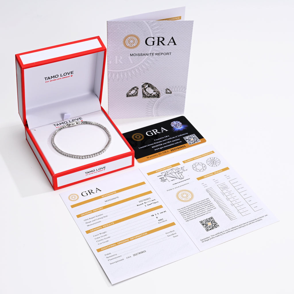 925 Silver Moissanite Bracelets Round 2.0 MM D Color VVS1  2.5 CT