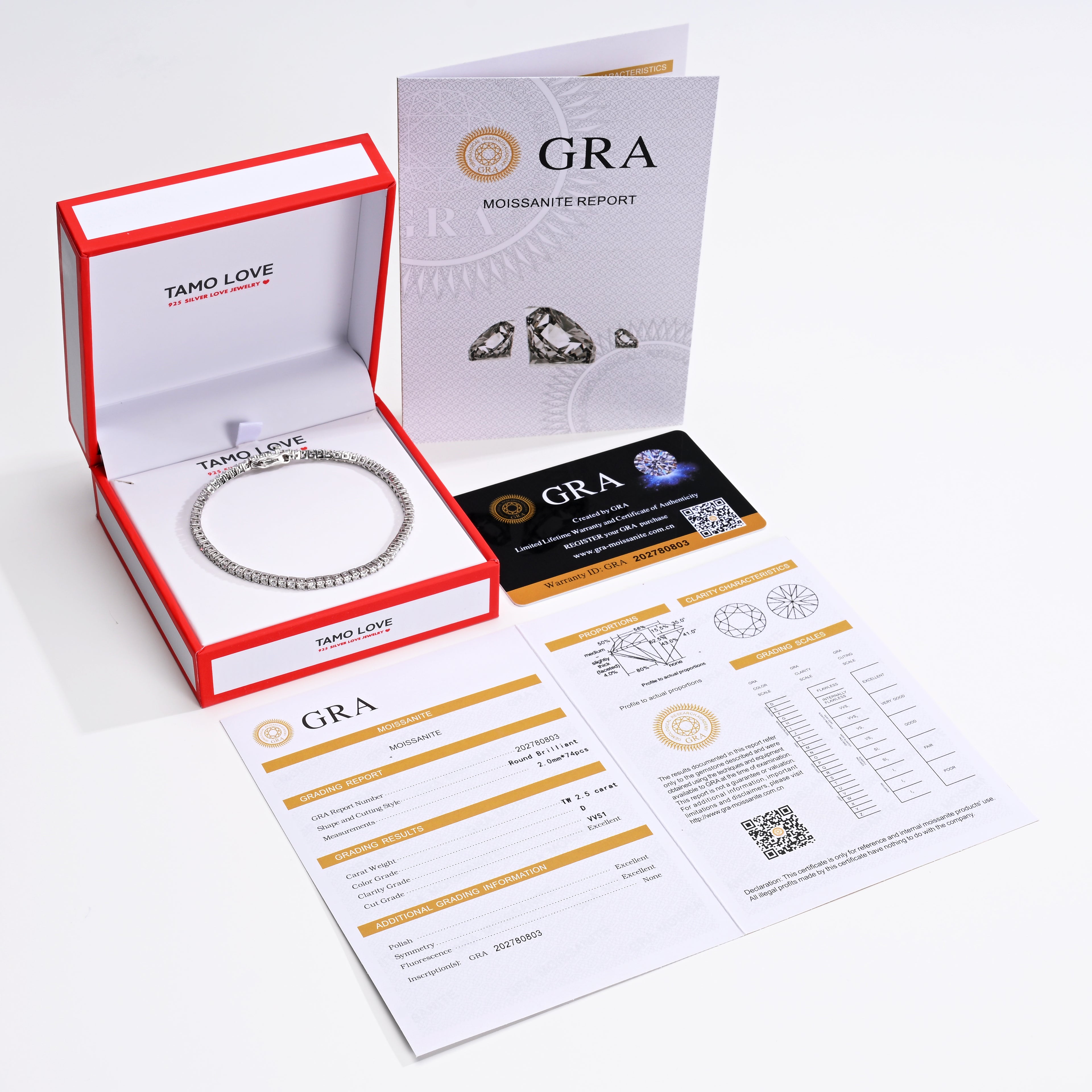 925 Silver Moissanite Bracelets Round 2.0 MM D Color VVS1  2.5 CT