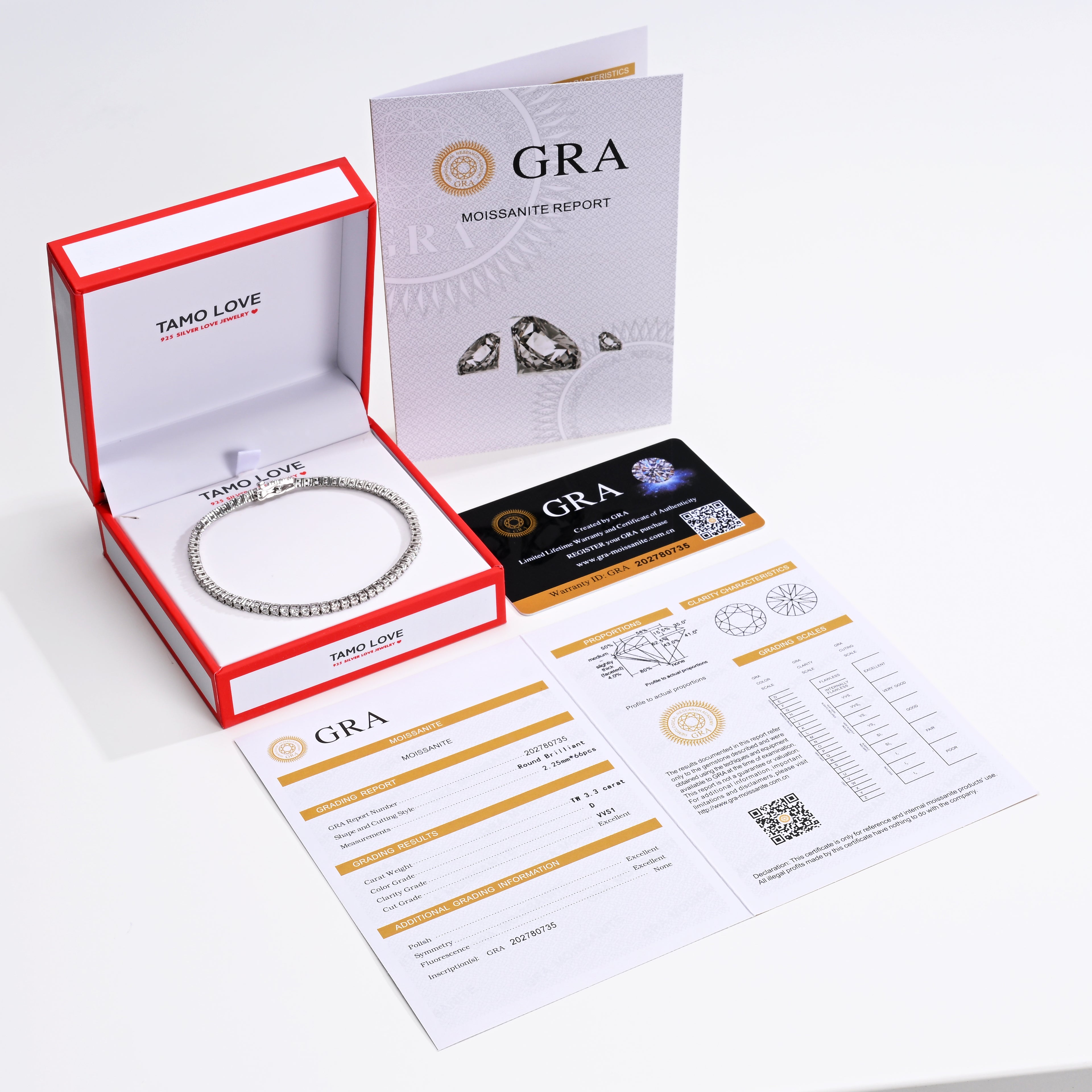 925 Silver Moissanite Bracelets Round 2.25 MM D Color VVS1  3.3 CT