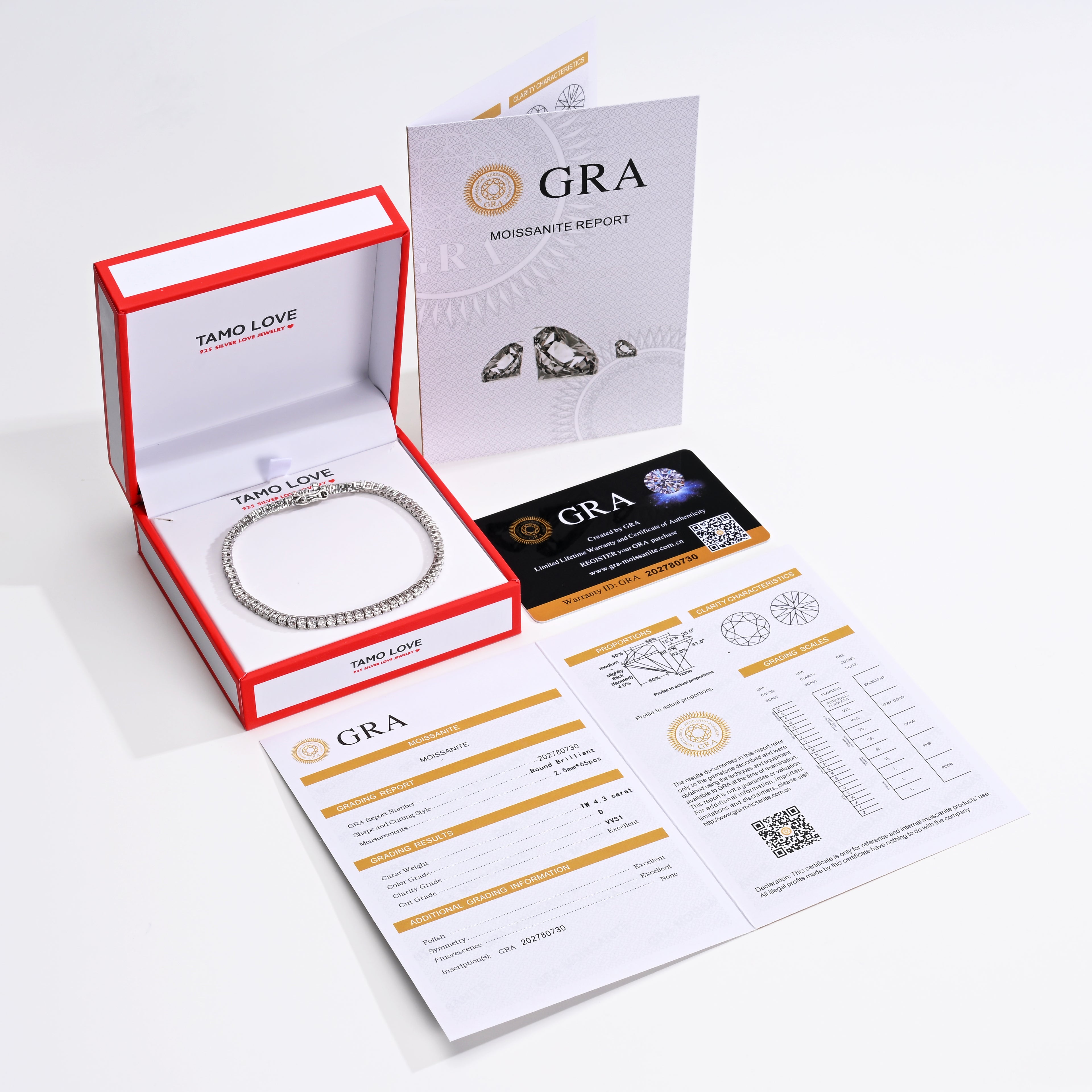 925 Silver Moissanite Bracelets Round 2.5 MM D Color VVS1  4.3 CT