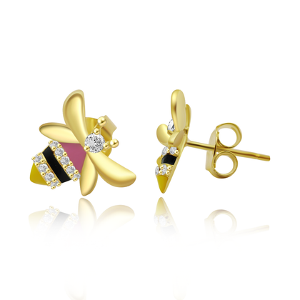 Real 925 Sterling Silver Bee Earrings with Gold plating Fine Jewelry in Perfect Quality