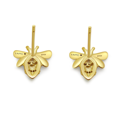 Real 925 Sterling Silver Bee Earrings with Gold plating Fine Jewelry in Perfect Quality