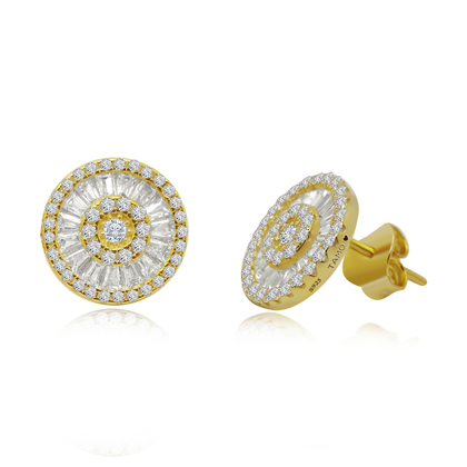 Real 925 Sterling Silver Wheel Round Stud Earrings with Baguette  Zircon Fine Jewelry in Perfect Quality for Women Gift