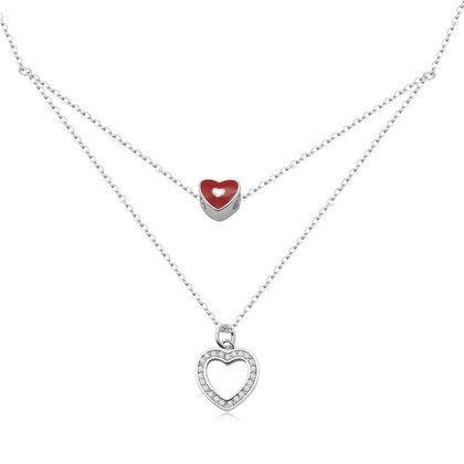 Real 925 Sterling Silver Double Chain Heart Necklace Fine Jewelry in Perfect Quality