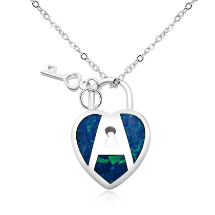 Real 925 Sterling Silver Lock & Key Pendant Necklaces with Real Opal Fine Jewelry in Perfect Quality