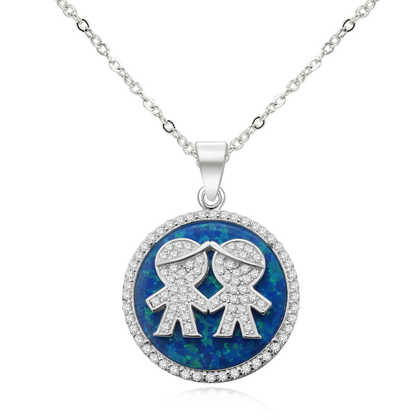 Real 925 Sterling Silver Boy & Girl Pendant Necklaces with Real Opal Fine Jewelry in Perfect Quality